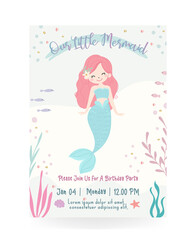 Wall Mural - Cute mermaid theme birthday party invitation card vector illustration.