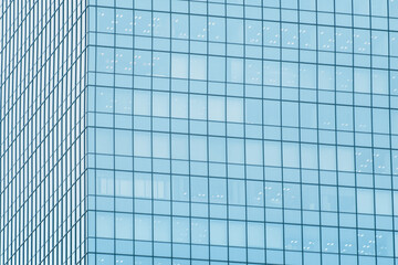 underside panoramic and perspective view to steel blue glass high rise building skyscrapers, business concept of successful industrial architecture