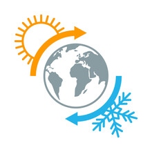 Climate Change  - Visualization Of Hot And Cold Weather - Symbol Of Sun And Snowflake Revolving Around Earth Globe - Vector Icon Or Logo Template