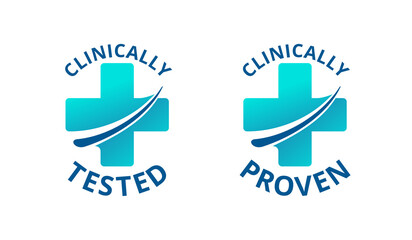 Clinically tested and clinically proven sticker for laboratory tested products - vector packaging element with modern medical cross in 2 variations