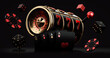 Black Red And Golden Slot Machine With Roulette Wheel Inside, Chips, Dices And Playing Cards, Isolated On The Black Background. Casino Modern Concept - 3D Illustration 