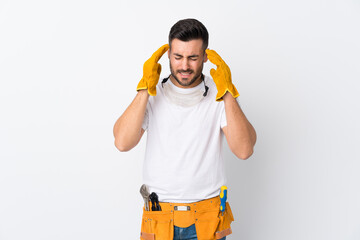 Poster - Craftsmen or electrician man over isolated white background unhappy and frustrated with something. Negative facial expression