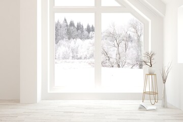 Mock up of empty room in white color with winter landscape in window. Scandinavian interior design. 3D illustration