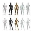 Set of female and male mannequins in metallic gold, transparent, glass, white and black colors. Front view. 3d realistic illustration isolated on white background.