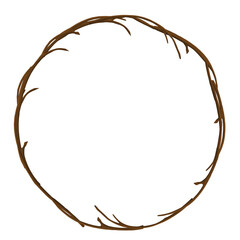 Drawn dark brown wooden branches round frame on white background