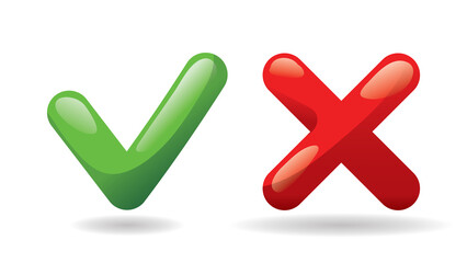 Test check mark buttons icon. Tick and cross vote symbol. Green - yes, red - no. Template design for web or mobile app, Vector.