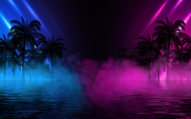 Wall Mural - silhouettes of tropical palm trees on a background of abstract background with neon glow. reflection