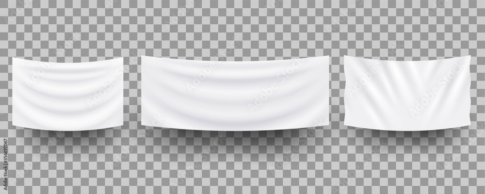 White hanging empty textile banners,3d realistic mockup - obrazy, fototapety, plakaty 