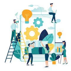 Wall Mural - vector illustration people are building a business on the internet. Tablet or smartphone screen with a website. teamwork, promotion of business online, the takeoff rating of the work, ideas