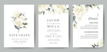 Wedding Invitation Card Template Set With White Rose Bouquet Watercolor Painting