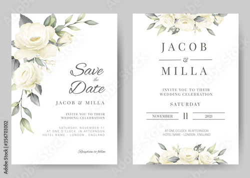 Fotografía wedding invitation card template set with white rose bouquet watercolor painting