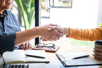 Aufkleber - Successful of business deal, Business partnership meeting and handshake after discussing good deal agreement and become a partner of trading contract and new projects for both companies