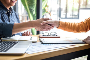 Aufkleber - Successful of business deal, Business partnership meeting and handshake after discussing good deal agreement and become a partner of trading contract and new projects for both companies