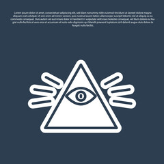 Poster - Blue line Masons symbol All-seeing eye of God icon isolated on blue background. The eye of Providence in the triangle. Vector Illustration.