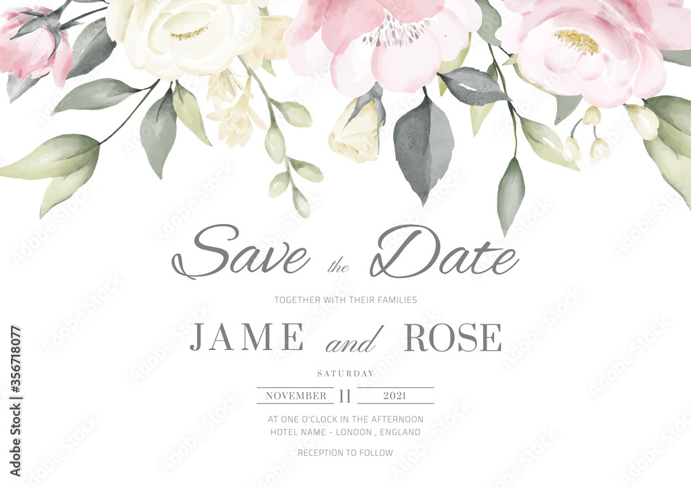 wedding invitation card template set with pink and white rose ...