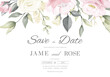 wedding invitation card template set with pink and white rose watercolor painting