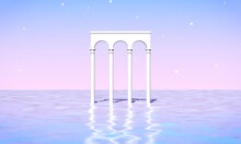 Aesthetic Landscape With Colonnade Of White Pillars In Surreal Sea. 90s Or 80s Styled Vaporwave Background With Pastel Pink And Blue Sunset Colors
