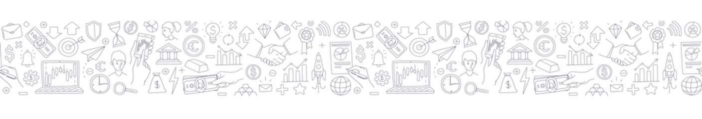 Trading exchange seamless border pattern background. Vector illustration doodles