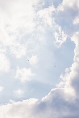 Pale sky with gray white clouds and sun rays