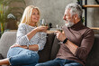 © InsideCreativeHouse - Happy middle aged couple enjoying wine at home in living room