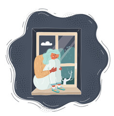 Vector illustration of woman sitting on window and cry. Loneliness concept.