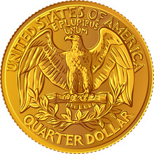 American Money, United States Washington Quarter Dollar Or 25-cent Gold Coin, The National Bird Of USA Bald Eagle With Wings Spread On Reverse