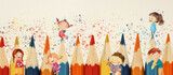 Colourful pencils and kids. Creative background