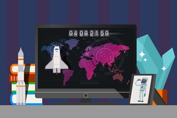 Wall Mural - Space result, countdown to rocket launch, space travel vector illustration. On computer screen world map, rocket on mainland. Astronaut work place with photograph, books, gem and small spaceship.