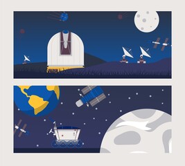 Wall Mural - Astronomical observatory for observing space bodies result vector illustration. Orbit satellite communications support center with powerful telescope. Mechanisms fly around earth, moon set banner.