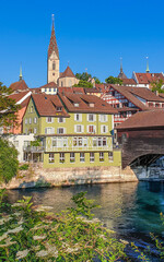 View of the medieval wooden bridge of Baden city in canton Aargau, Switzerland