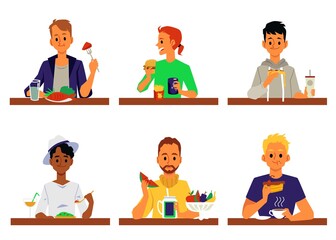 Set of cartoon men eating food at table isolated on white background.