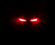 Ominous luminous eyes staring out of the darkness illuminate with rays of red light swirling white smoke