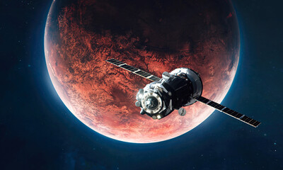 Wall Mural - spaceship on orbit of red planet mars. expedition and colonization of other worlds. outer space and 