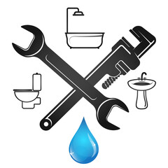 Wall Mural - Wrench and blue drop of water plumbing repair symbol