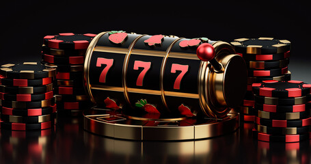 Wall Mural - Black Red And Golden Slot Machine With Chips, Isolated On The Black Background. Casino Modern Concept - 3D Illustration 