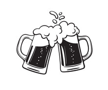 Two Toasting Beer Mugs, Cheers. Clinking Glass Tankards Full Of Beer And Splashed Foam. Black And White