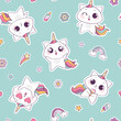 Vector seamless pattern with cute unicorn cat or caticorn, funny kawaii cats with unicorn horn and tail background