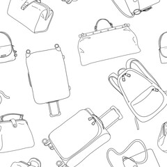 Seamless pattern with travel bags, wheeled suitcases and a backpack. Black outline on a white background. Vector illustration in sketch style. Hand-drawn.