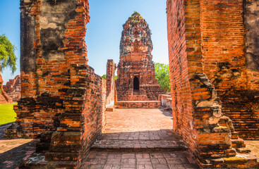 Pagoda at Ayutthaya Historical Park on a Sunny Day in Ayutthaya Province, Thailand. Architecture of Old Thai Capital City