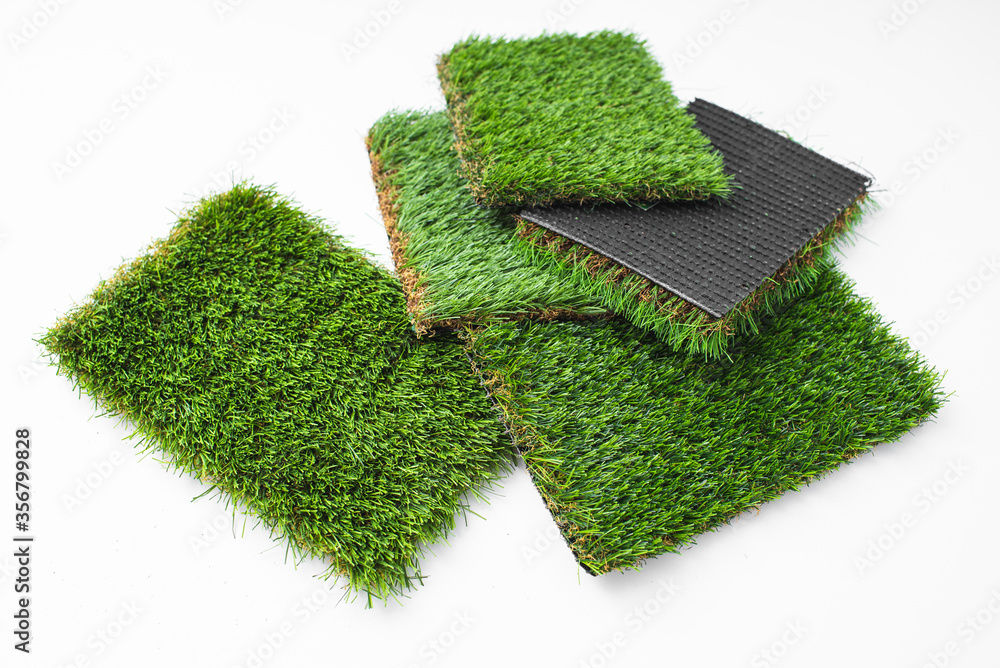 Detail of types of artificial grass in a sample book. - obrazy, fototapety, plakaty 