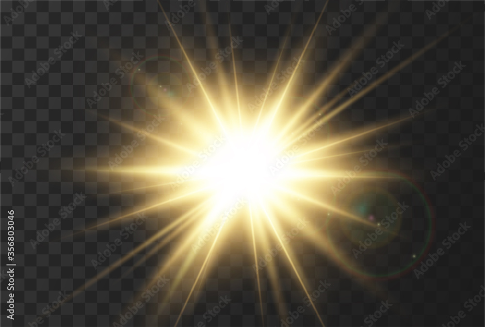 Sun rays effect, very realistic glow of sunlight with glare and rays of the sun. Yellow abstract glitter light. The effect of a flash or bright glow of gold color. Vector illustration  - obrazy, fototapety, plakaty 