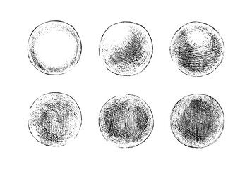 Wall Mural - Hand drawn shaded spheres. Simple black and white pen and ink doodle sketches of circles with different types of shading texture. Shading tutorial, organic hand drawn design elements.