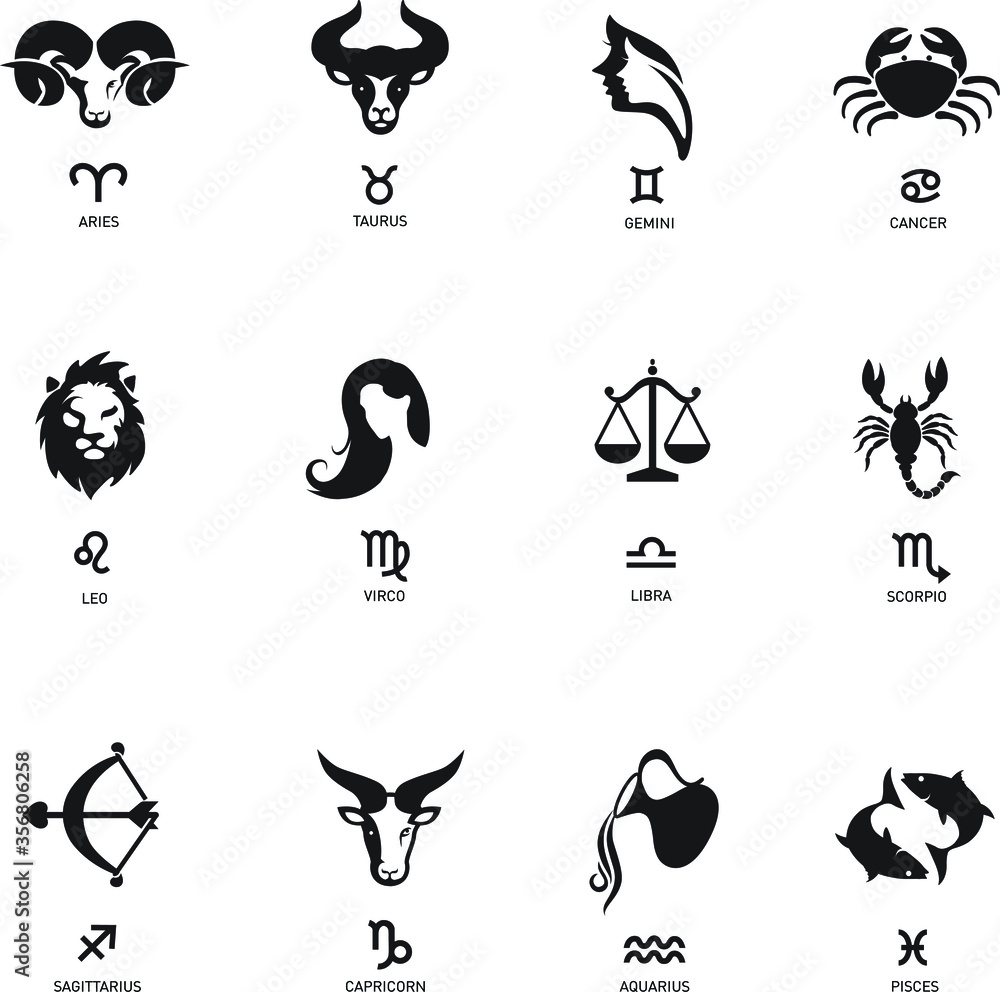 Zodiac sign icons representing the twelve signs of the zodiac for horoscopes - obrazy, fototapety, plakaty 