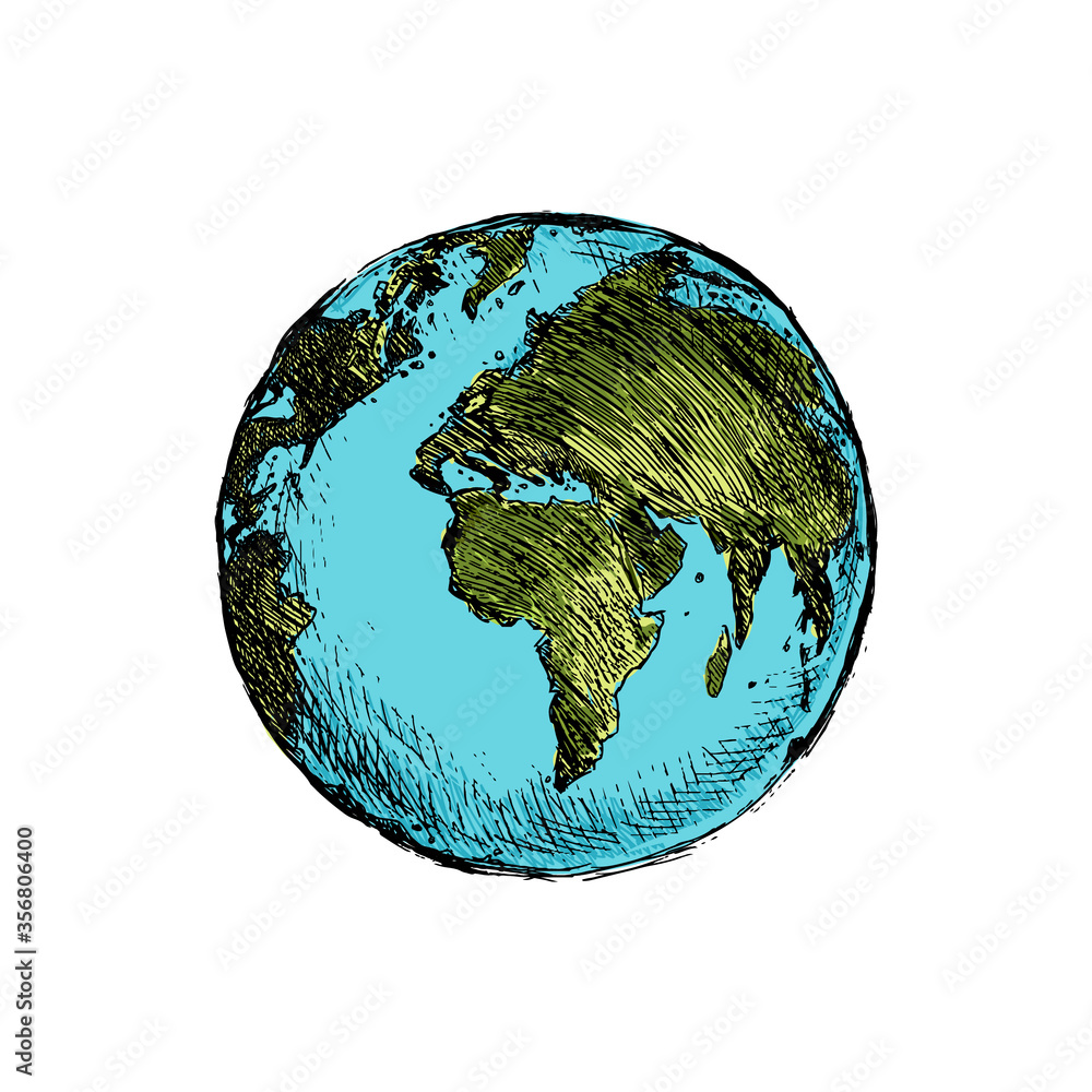 Globe sketch. Hand drawn earth planet with continents and oceans ...