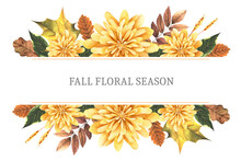 Watercolor Hand Painted Floral Border With Leaves Rowan, Marple, Oak, Yellow Flower Chrysanthemum. Fall Season Floral Clipart For Design Invitation, Home Decor, Background Photo Album, Save The Date.