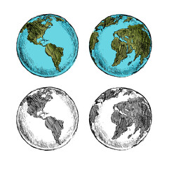 Wall Mural - Vector Black Sketch Globe Illustration Isolation on White Background. Hand Drawn Planet Earth.