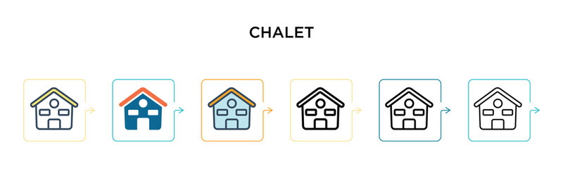 Chalet vector icon in 6 different modern styles. Black, two colored chalet icons designed in filled, outline, line and stroke style. Vector illustration can be used for web, mobile, ui