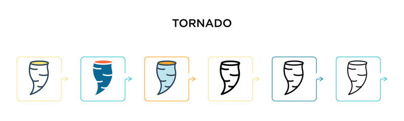 Tornado vector icon in 6 different modern styles. Black, two colored tornado icons designed in filled, outline, line and stroke style. Vector illustration can be used for web, mobile, ui