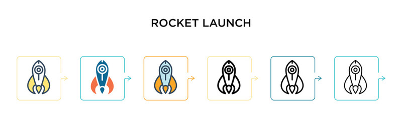 Rocket launch vector icon in 6 different modern styles. Black, two colored rocket launch icons designed in filled, outline, line and stroke style. Vector illustration can be used for web, mobile, ui