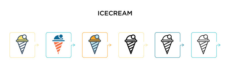 Wall Mural - Icecream vector icon in 6 different modern styles. Black, two colored icecream icons designed in filled, outline, line and stroke style. Vector illustration can be used for web, mobile, ui